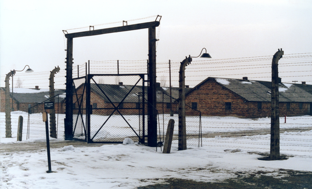 Portail du secteur B-Ia du sous-camp de Birkenau (Auschwitz-II) par lequel sont passés les “31000” (accès depuis la rampe de la gare de marchandises et le “camp-souche” d’Auschwitz-I…). © Gilbert Lazaroo, février 2005.